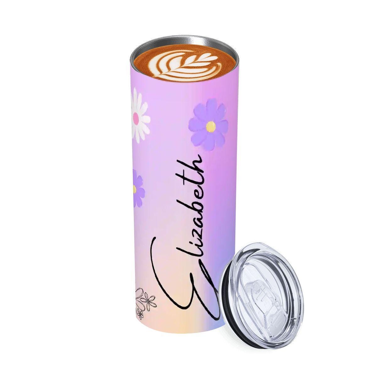 ColorFlow | Enchanted Lavender Daisy Personalized 20oz Skinny Stainless Steel Tumbler With Straw Custom Floral Name Gift
