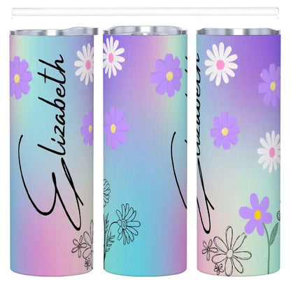 ColorFlow | Dreamy Pastel Rainbow Daisy 20oz Skinny Stainless Steel Tumbler With Straw Personalized Custom Name Floral Gift