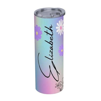 ColorFlow | Dreamy Pastel Rainbow Daisy 20oz Skinny Stainless Steel Tumbler With Straw Personalized Custom Name Floral Gift