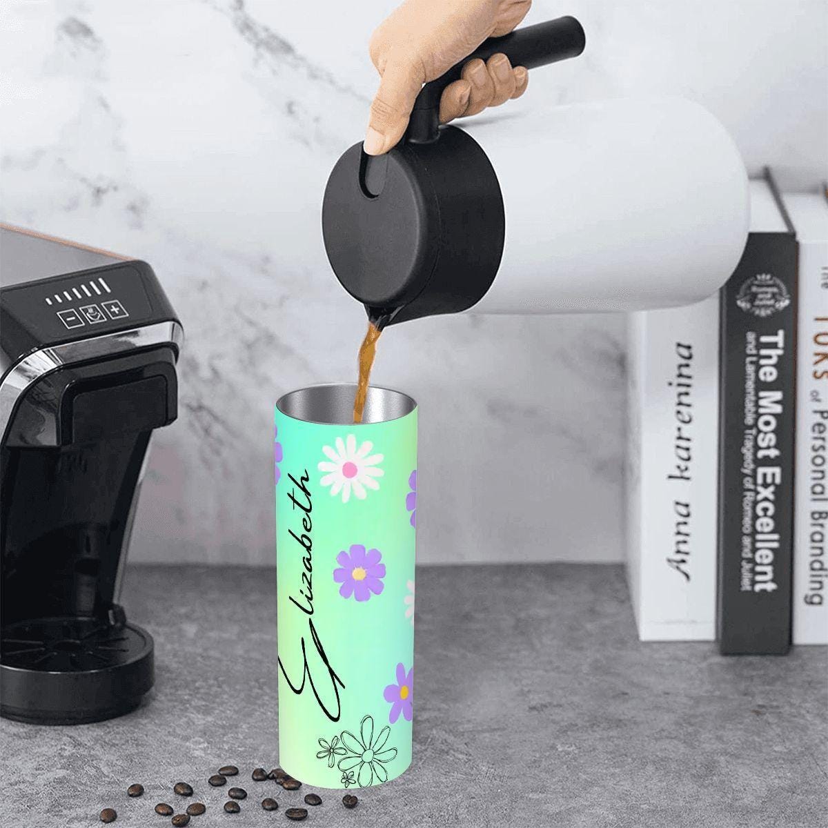 ColorFlow | Fresh Mint Meadow Daisy Personalized 20oz Skinny Stainless Steel Tumbler With Straw Custom Floral Name Gift