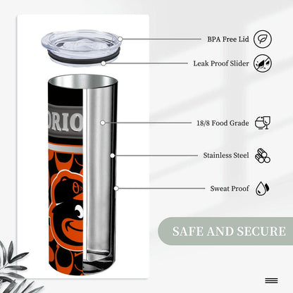 ColorFlow | Baltimore Orioles Inspired Fashion 20oz Skinny Stainless Steel Tumbler With Straw Bold Baseball Fan Travel Cup