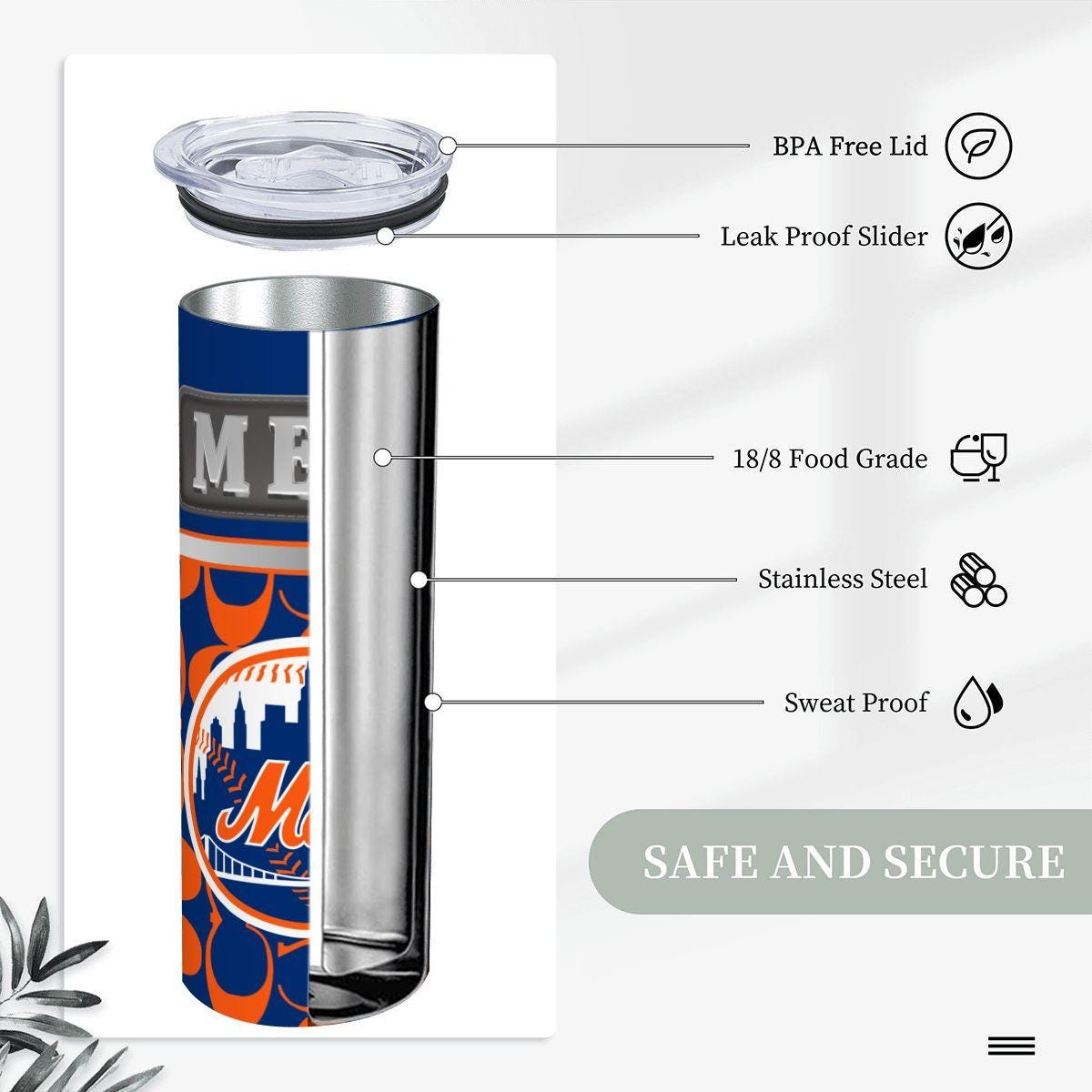 ColorFlow | New York Mets Inspired Fashion 20oz Skinny Stainless Steel Tumbler With Straw Dynamic Baseball Fan Travel Cup