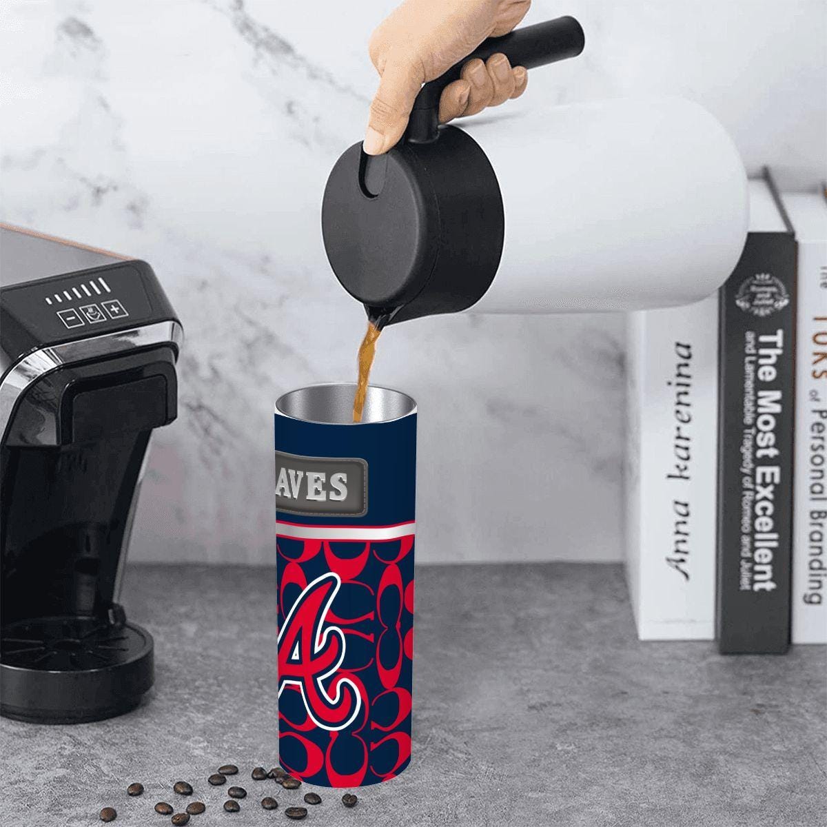 ColorFlow | Atlanta Braves Inspired Fashion 20oz Skinny Stainless Steel Tumbler With Straw Bold Game Day Travel Mug