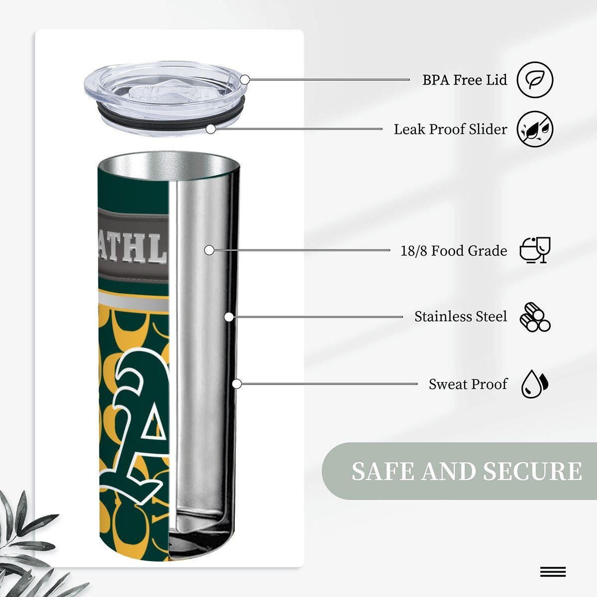 ColorFlow | Oakland Athletics Inspired Fashion 20oz Skinny Stainless Steel Tumbler With Straw Classic Green Gold Fan Cup