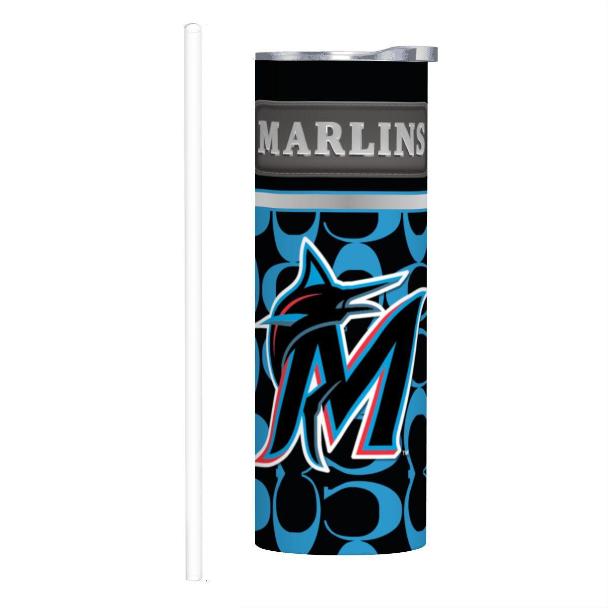 ColorFlow | Miami Marlins Inspired Fashion 20oz Skinny Stainless Steel Tumbler With Straw Sleek MLB Style Drinkware