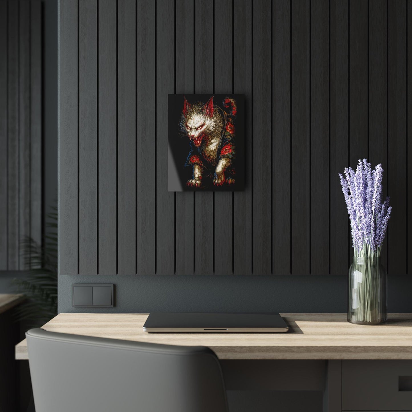 ColorFlow | Fierce Mystic Cat Yokai Inspired Metal Wall Art Gothic Japanese Fantasy Decor