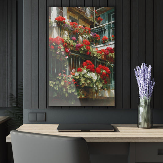ColorFlow | Classic Red Geranium Balcony Metal Wall Art | European Window Flower Decor | Rustic Cottage Wall Accent