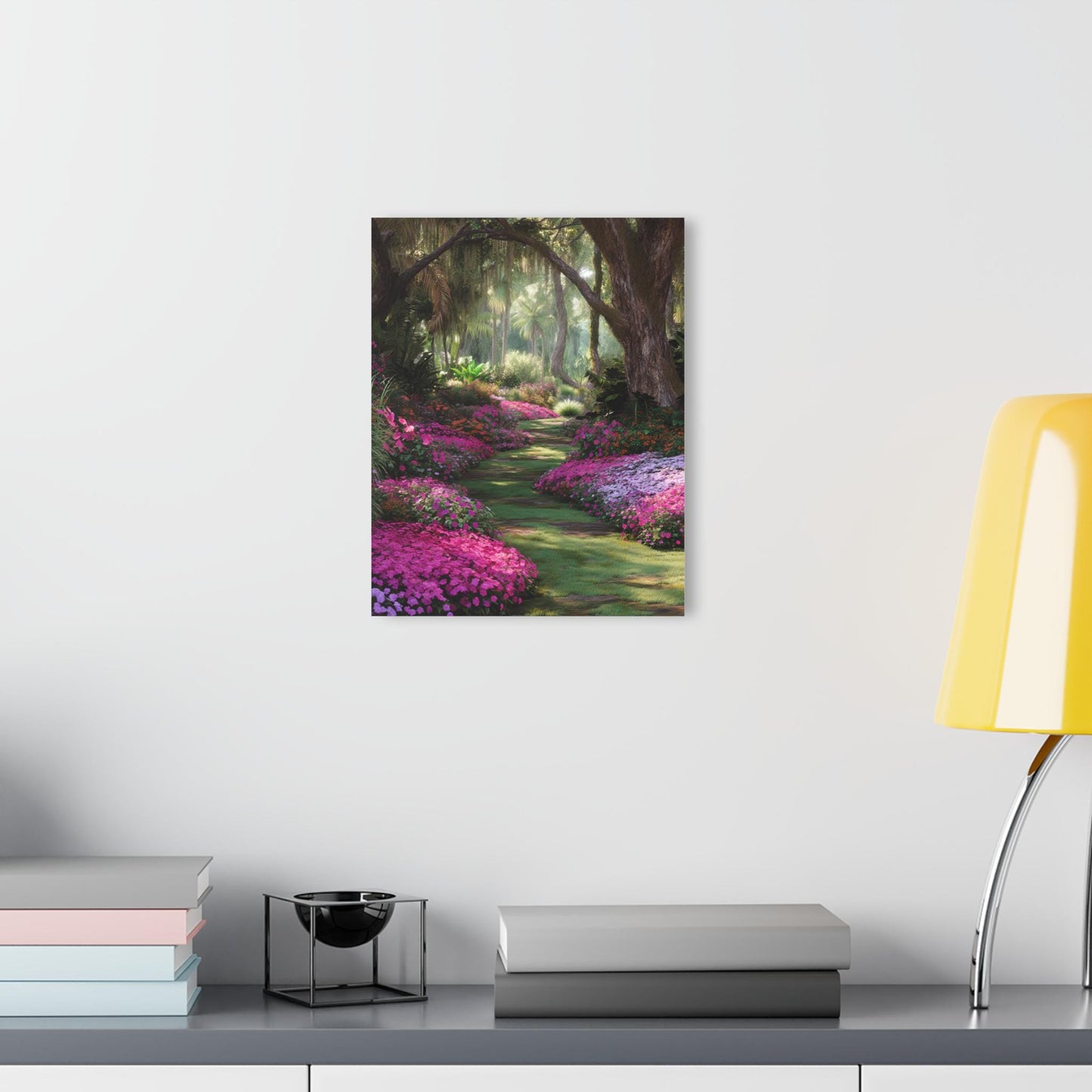 ColorFlow | Tropical Pink Garden Path Metal Wall Art | Lush Botanical Landscape Decor | Vibrant Nature Wall Statement