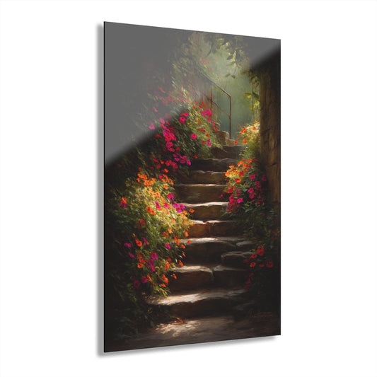 ColorFlow | Secret Garden Stone Stairway Metal Wall Art | Romantic Floral Steps Decor | Enchanted Cottage Wall Statement