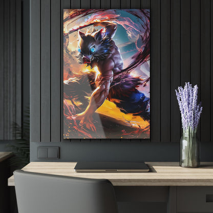 ColorFlow | Beast Mask Dual Blade Fighter Anime Metal Wall Art | Fierce Samurai Manga Decor