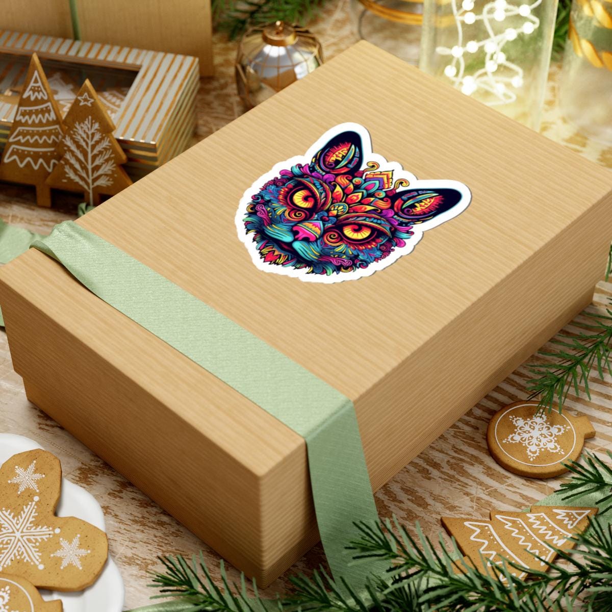 Psychedelic Cat Sticker | Trippy Boho Feline Vinyl Decal (Waterproof)