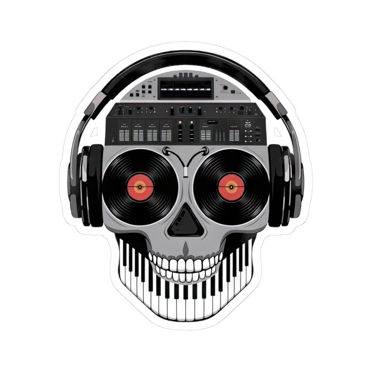 DJ Skull Sticker | Vinyl Eyes, Headphones, Piano Teeth (Kiss Cut Decal)