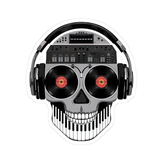 DJ Skull Sticker | Vinyl Eyes, Headphones, Piano Teeth (Kiss Cut Decal)