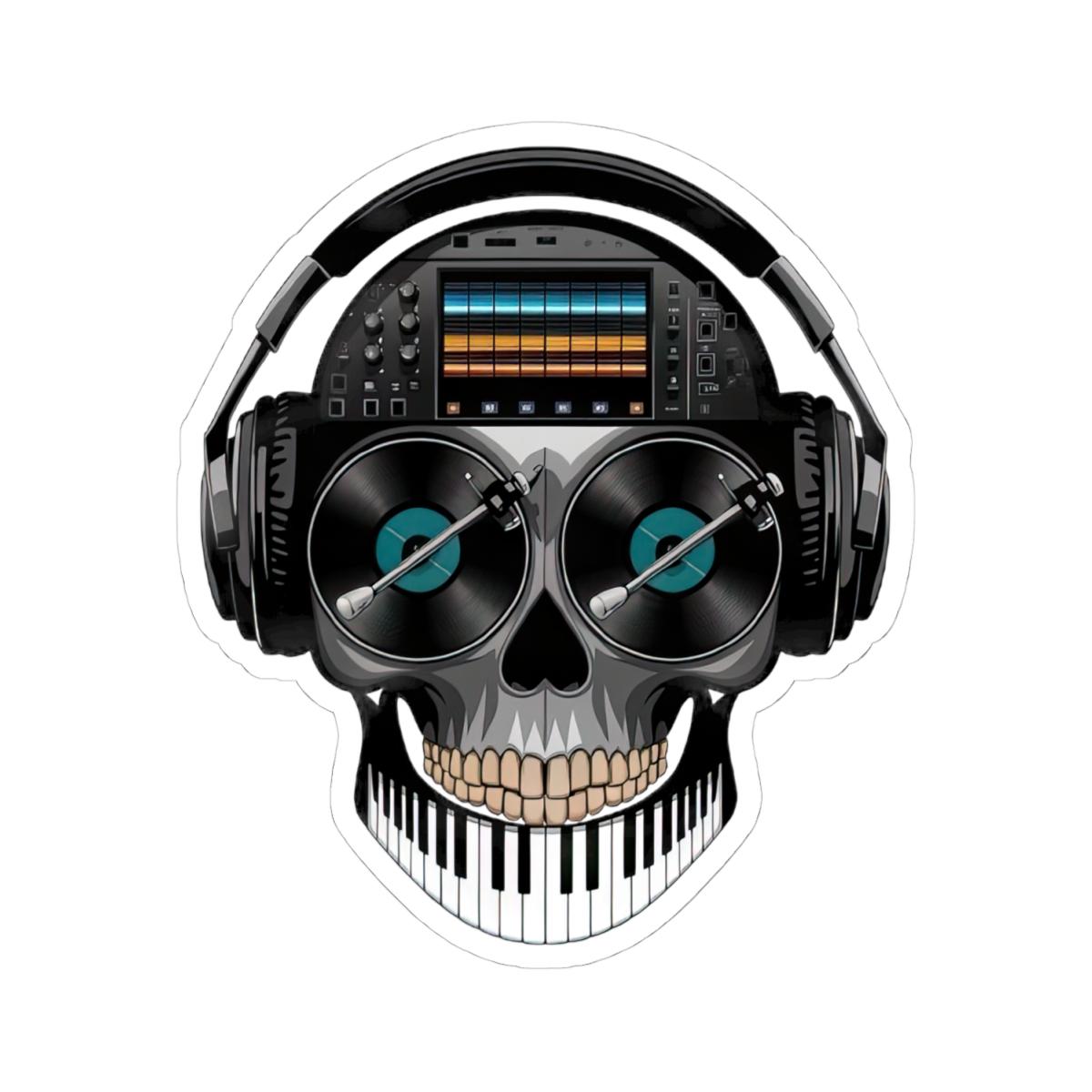 DJ Skull Sticker | Turntables, Headphones, Mixer, Piano Teeth (Waterproof Vinyl)