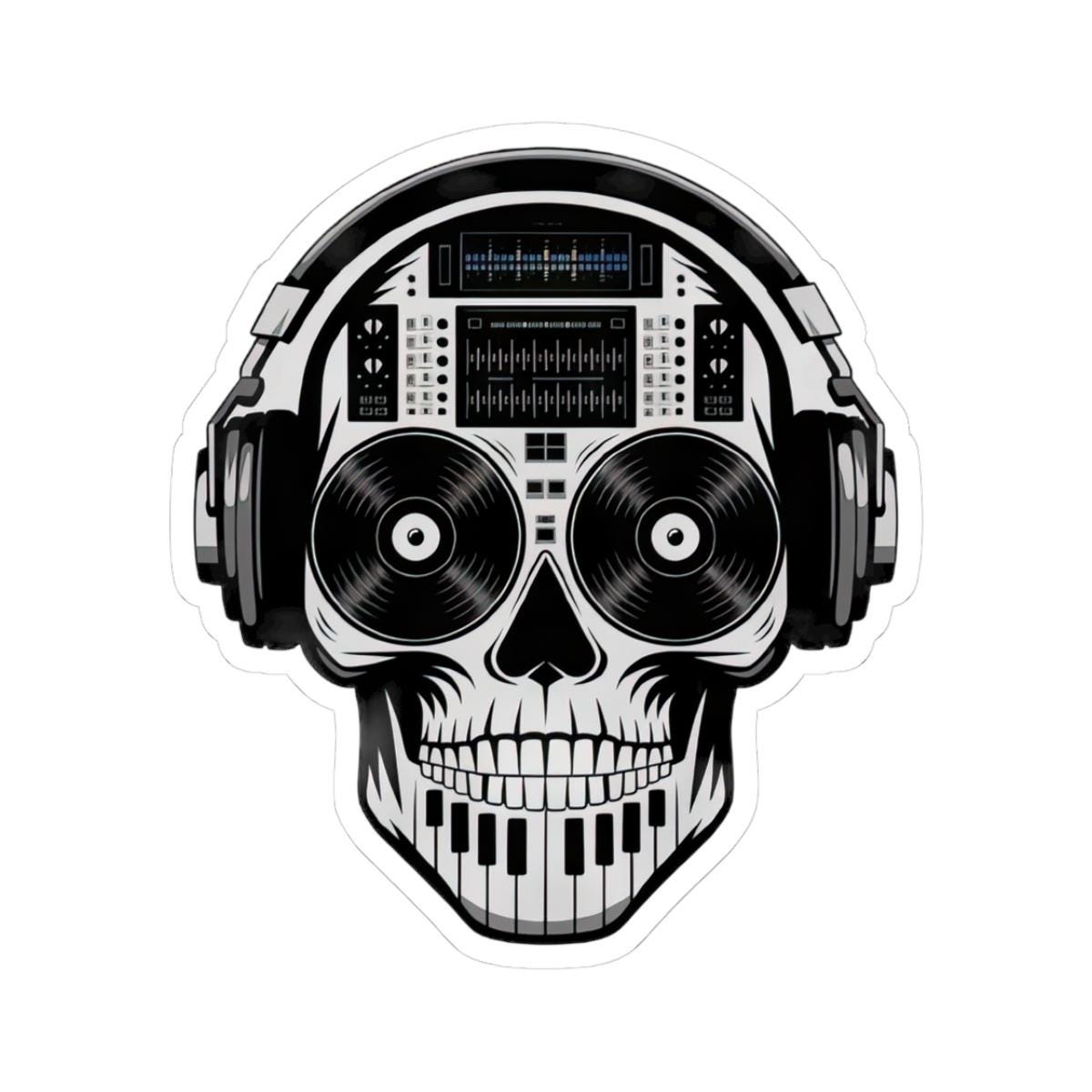 DJ Skull Sticker | Waterproof Vinyl Decal with Headphones, Turntable, Piano Keyboard