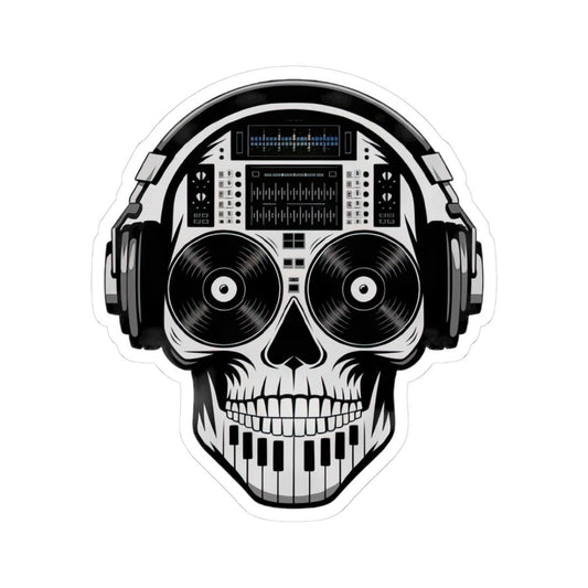 DJ Skull Sticker | Waterproof Vinyl Decal with Headphones, Turntable, Piano Keyboard