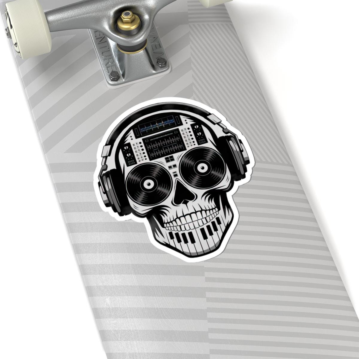 DJ Skull Sticker | Waterproof Vinyl Decal with Headphones, Turntable, Piano Keyboard