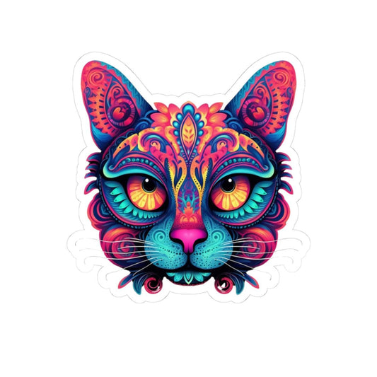 Trippy Cat Sticker | Psychedelic Neon Floral Vinyl Decal (Laptop Art)
