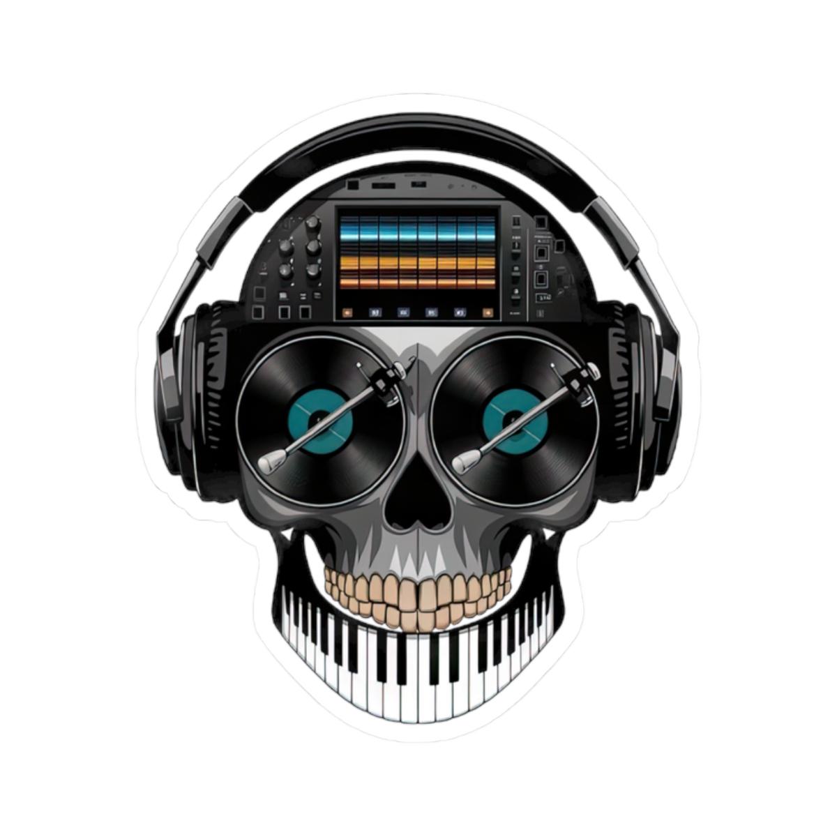 DJ Skull Sticker | Turntables, Headphones, Mixer, Piano Teeth (Waterproof Vinyl)