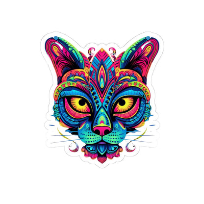 Psychedelic Cat Sticker | Rainbow Mandala Art, Trippy Neon Feline Vinyl Decor