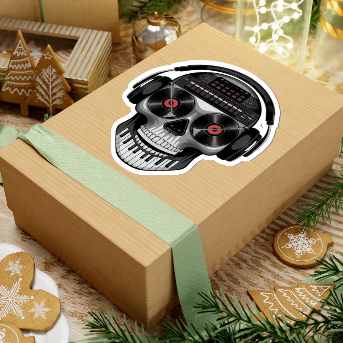 DJ Skull Sticker | Turntable Eyes, Piano Teeth, Headphones (Waterproof Vinyl)