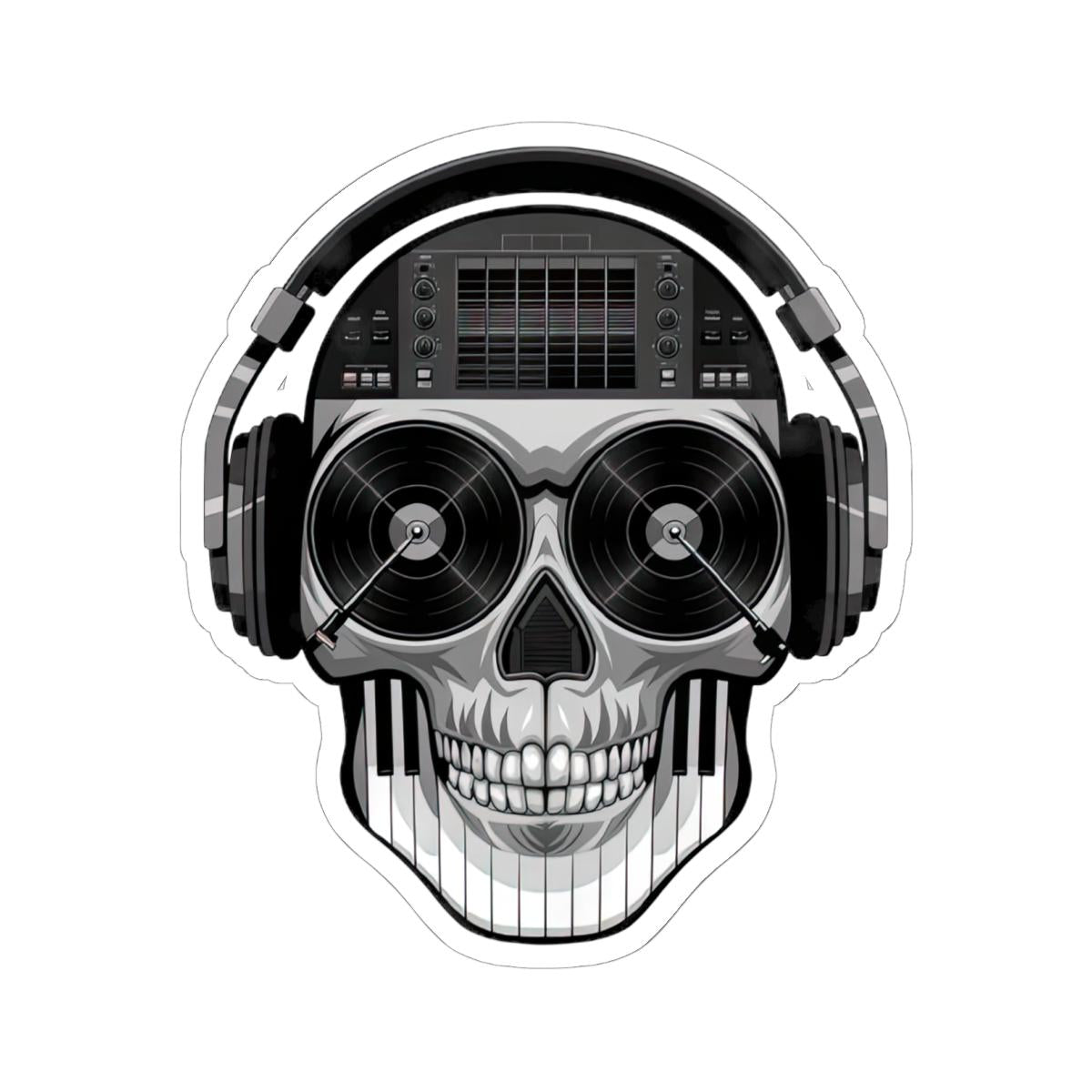 DJ Skull Sticker | Grayscale Vinyl Decal with Headphones, Records, Piano Keys