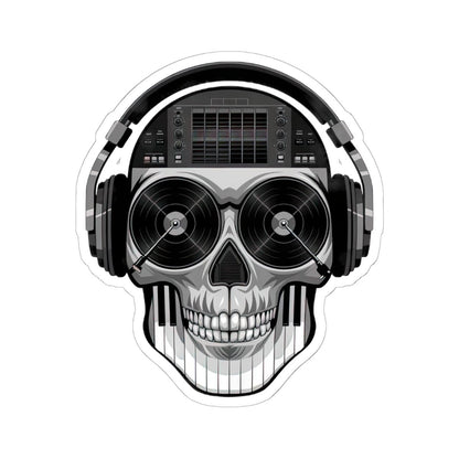 DJ Skull Sticker | Grayscale Vinyl Decal with Headphones, Records, Piano Keys
