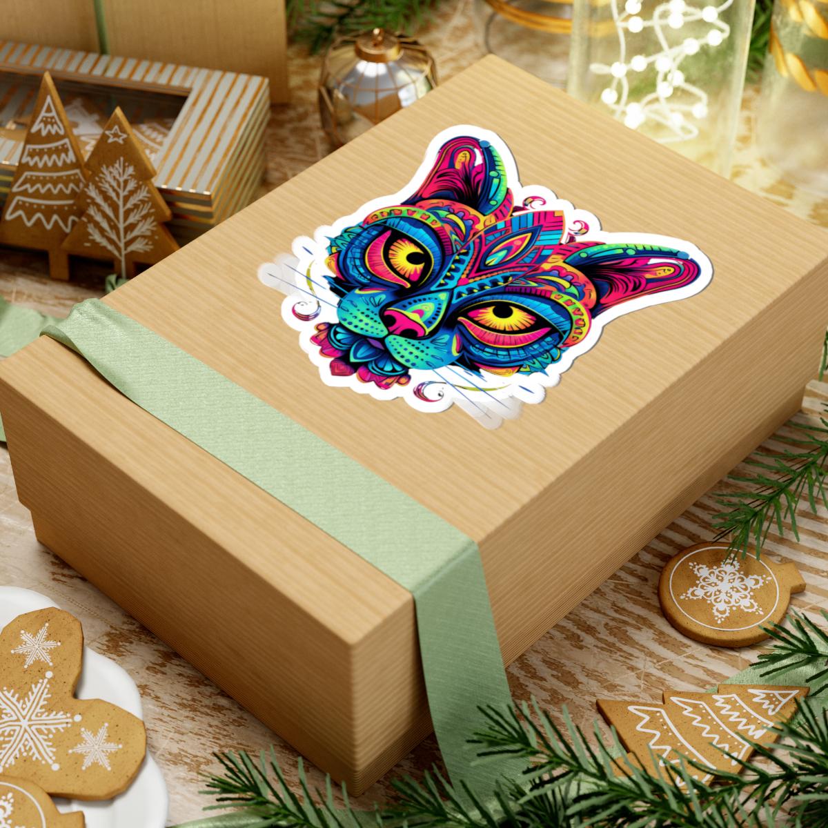 Psychedelic Cat Sticker | Rainbow Mandala Art, Trippy Neon Feline Vinyl Decor
