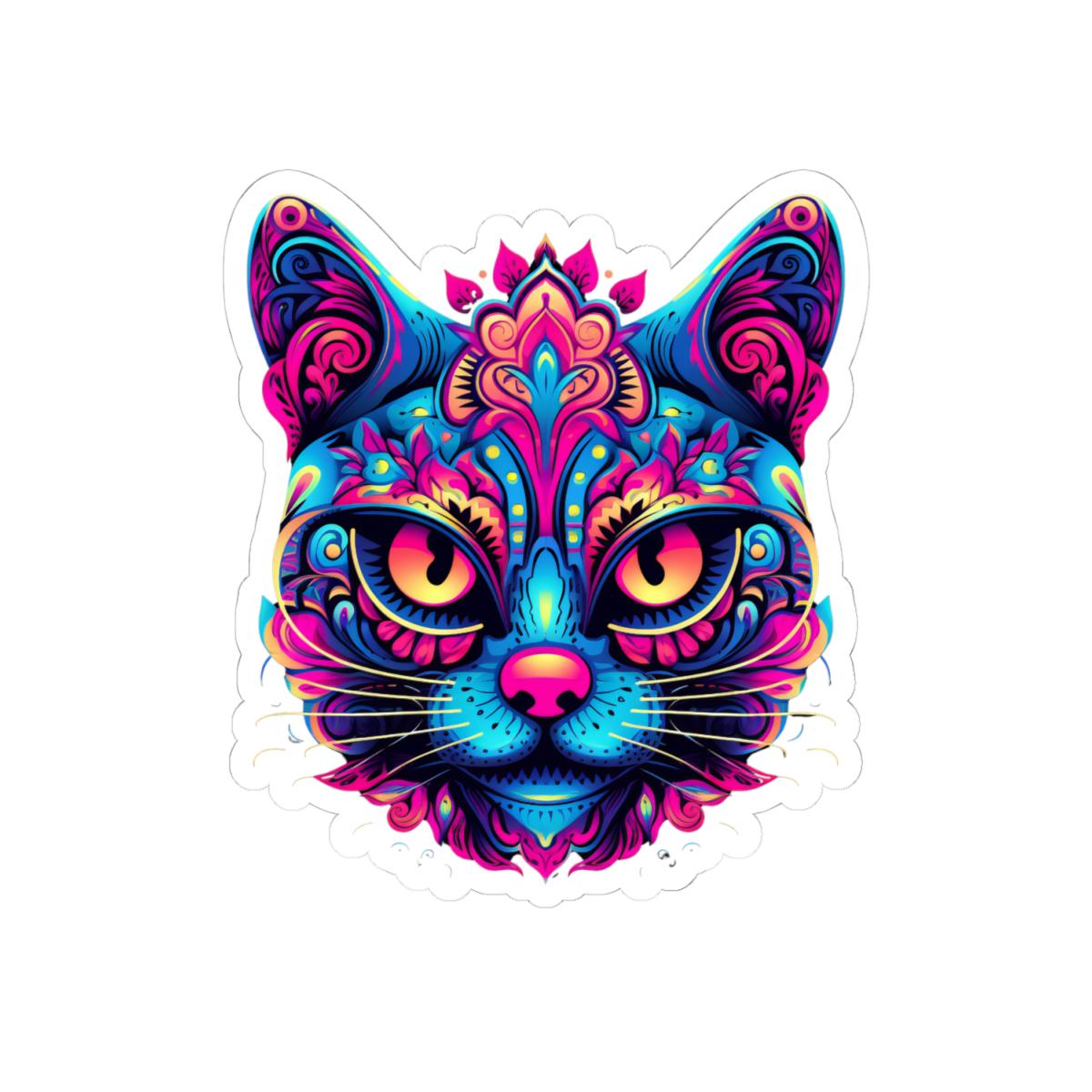 Psychedelic Cat Sticker | Neon Trippy Feline Vinyl Decal, Boho Rainbow Art (Waterproof)