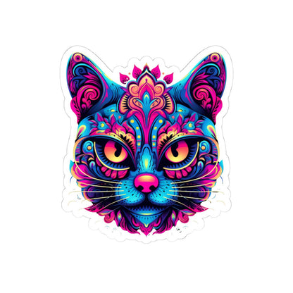 Psychedelic Cat Sticker | Neon Trippy Feline Vinyl Decal, Boho Rainbow Art (Waterproof)