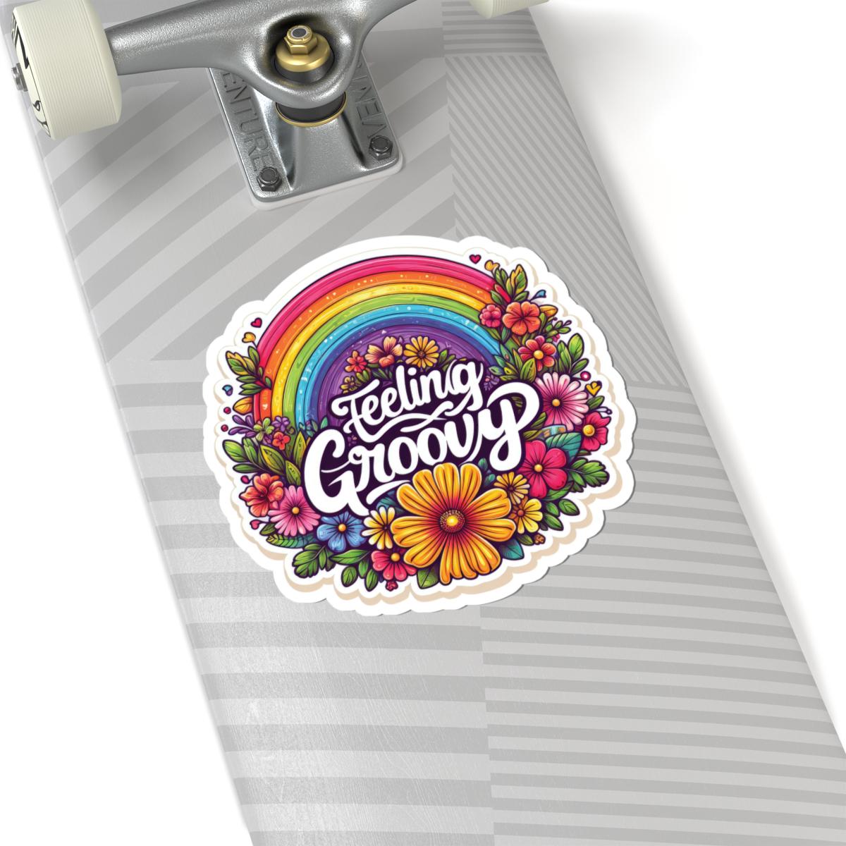 Feeling Groovy Sticker | Retro Rainbow Floral Vinyl Decal, 70s Boho Vibes