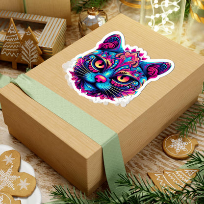 Psychedelic Cat Sticker | Neon Trippy Feline Vinyl Decal, Boho Rainbow Art (Waterproof)