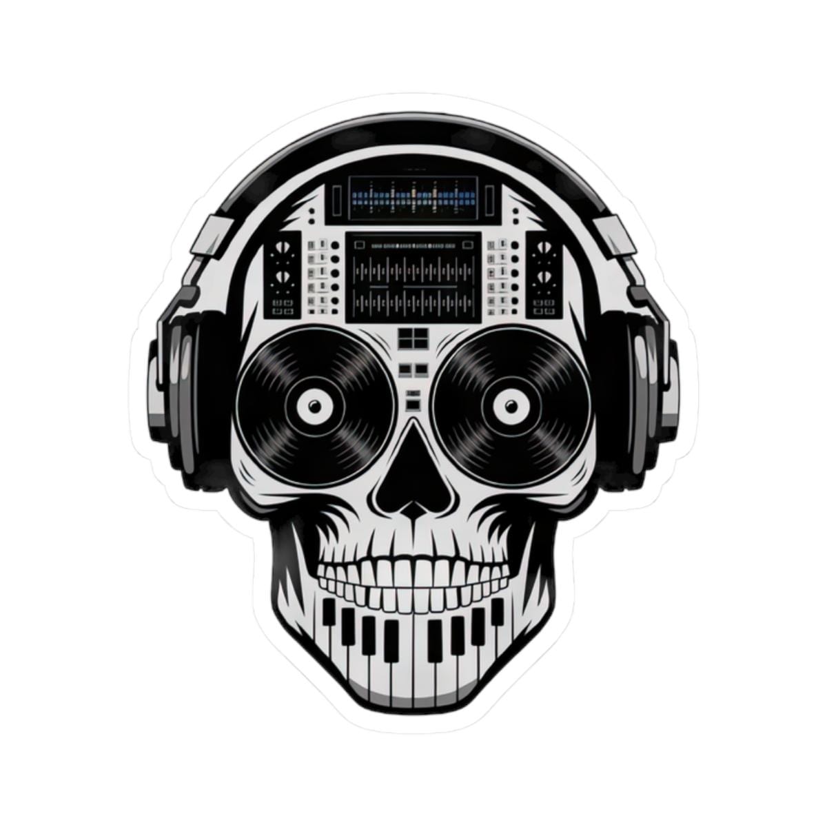 DJ Skull Sticker | Waterproof Vinyl Decal with Headphones, Turntable, Piano Keyboard