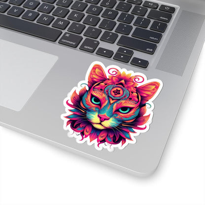 Psychedelic Cat Sticker | Vibrant Floral Trippy Vinyl Decal (Waterproof)
