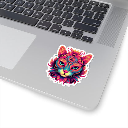 Psychedelic Cat Sticker | Vibrant Floral Trippy Vinyl Decal (Waterproof)