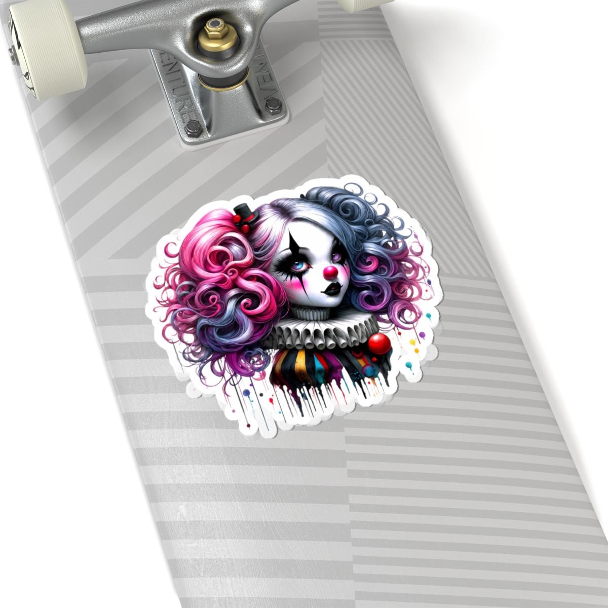ColorFlow | Gothic Circus Doll Sticker | Pink Blue Curly Hair Clowncore Art | Alt Kawaii Jester Aesthetic Decal