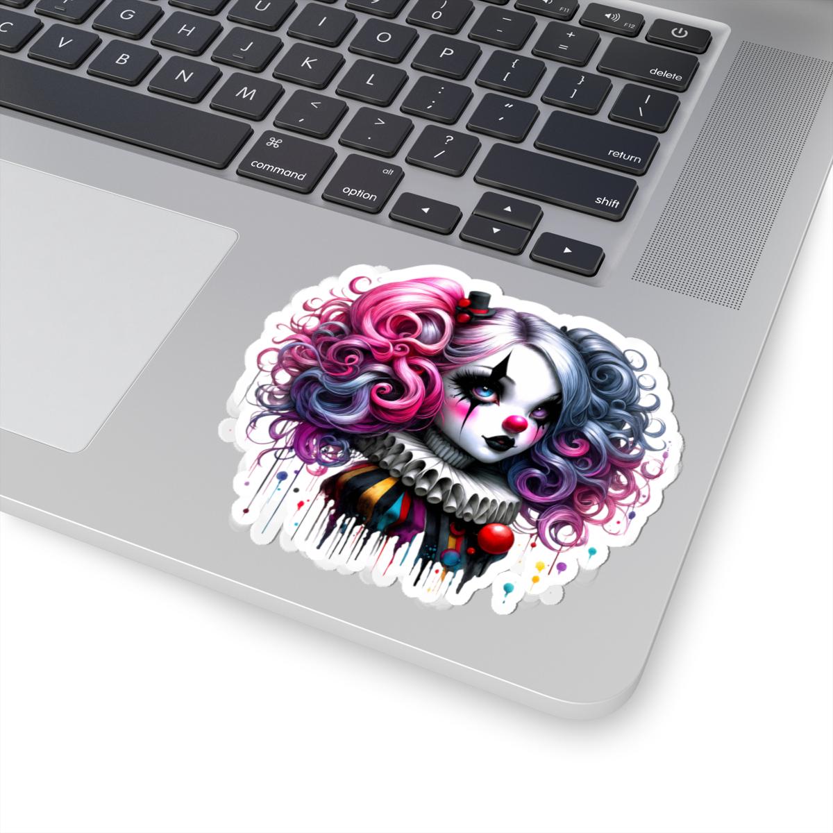 ColorFlow | Gothic Circus Doll Sticker | Pink Blue Curly Hair Clowncore Art | Alt Kawaii Jester Aesthetic Decal
