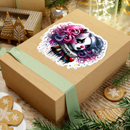 ColorFlow | Gothic Circus Doll Sticker | Pink Blue Curly Hair Clowncore Art | Alt Kawaii Jester Aesthetic Decal