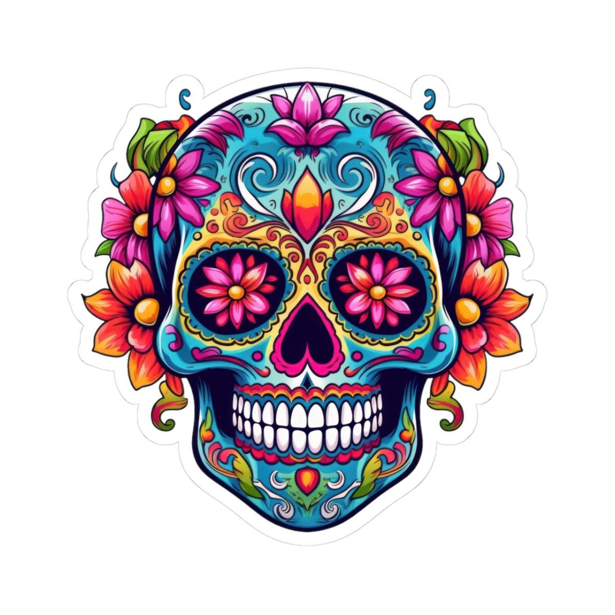 ColorFlow | Teal Sugar Skull Sticker with Floral Eyes | Dia de los Muertos Waterproof Decal | Boho Skull Art | Calavera Vinyl Sticker