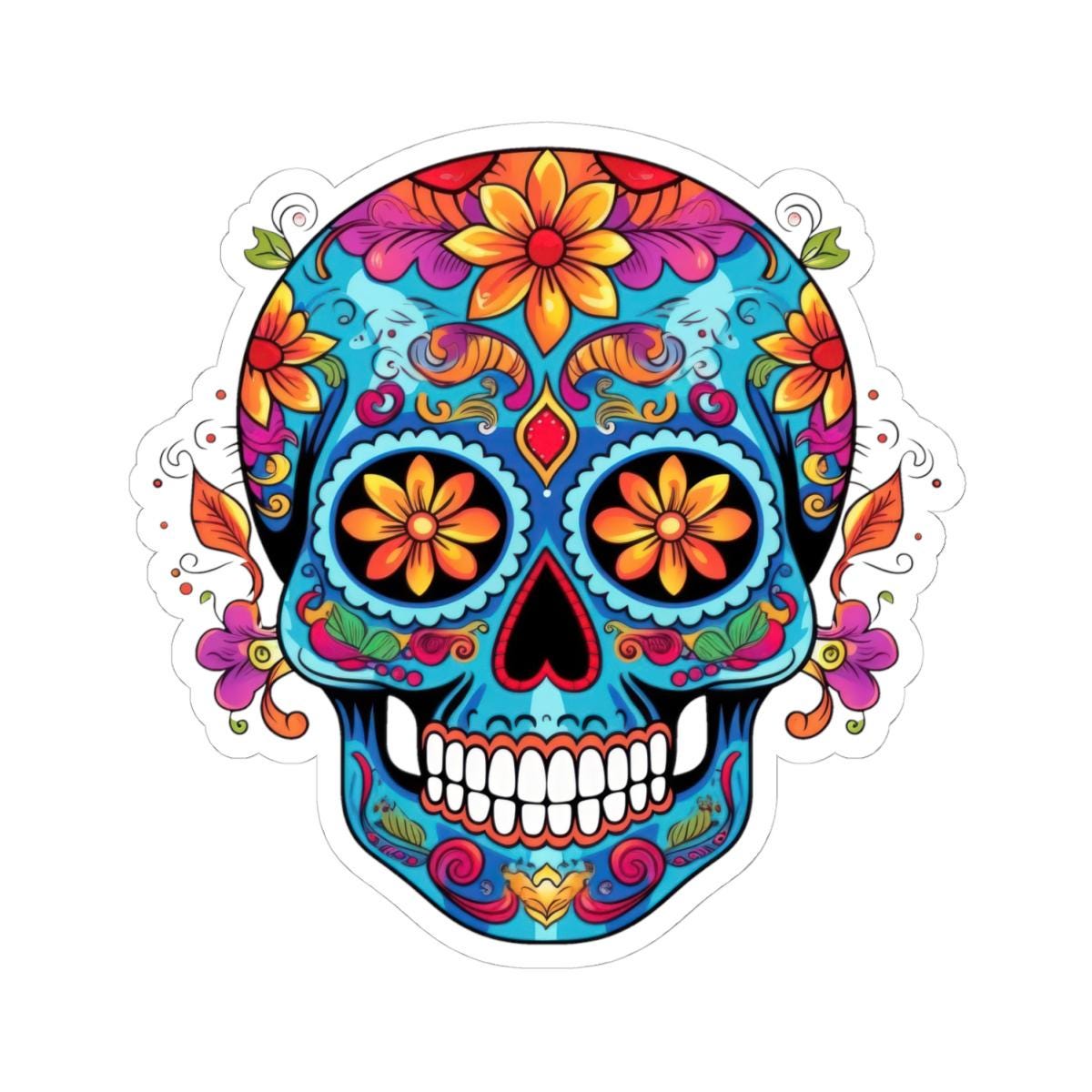 Vibrant Sugar Skull Sticker | Orange Flowers, Calavera Vinyl Art (Waterproof)