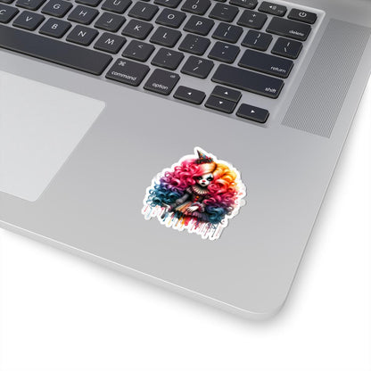 ColorFlow | Pastel Circus Doll Sticker | Rainbow Curls Creepy Cute Clowncore Art | Gothic Jester Alt Aesthetic Decal