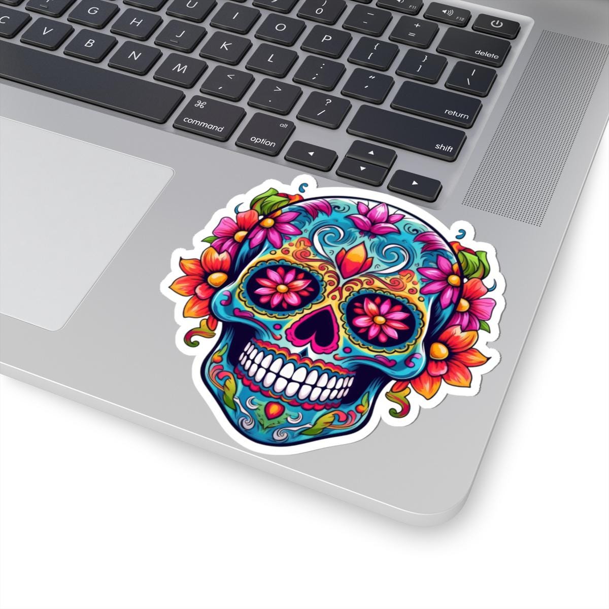 ColorFlow | Teal Sugar Skull Sticker with Floral Eyes | Dia de los Muertos Waterproof Decal | Boho Skull Art | Calavera Vinyl Sticker