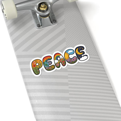 ColorFlow | Peace Word Art Sticker Groovy Hippie Retro Vinyl Decal with Rainbows Flowers Moon Earth Waterproof Glossy Kiss Cut Sticker