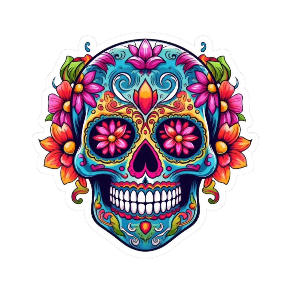 ColorFlow | Teal Sugar Skull Sticker with Floral Eyes | Dia de los Muertos Waterproof Decal | Boho Skull Art | Calavera Vinyl Sticker