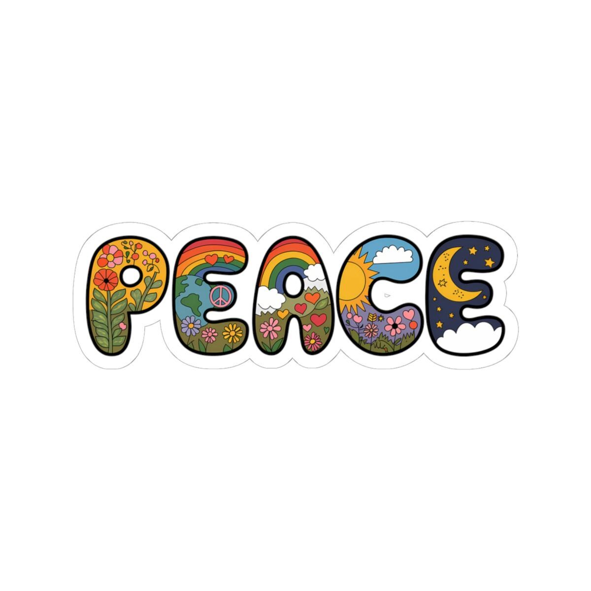 ColorFlow | Peace Word Art Sticker Groovy Hippie Retro Vinyl Decal with Rainbows Flowers Moon Earth Waterproof Glossy Kiss Cut Sticker