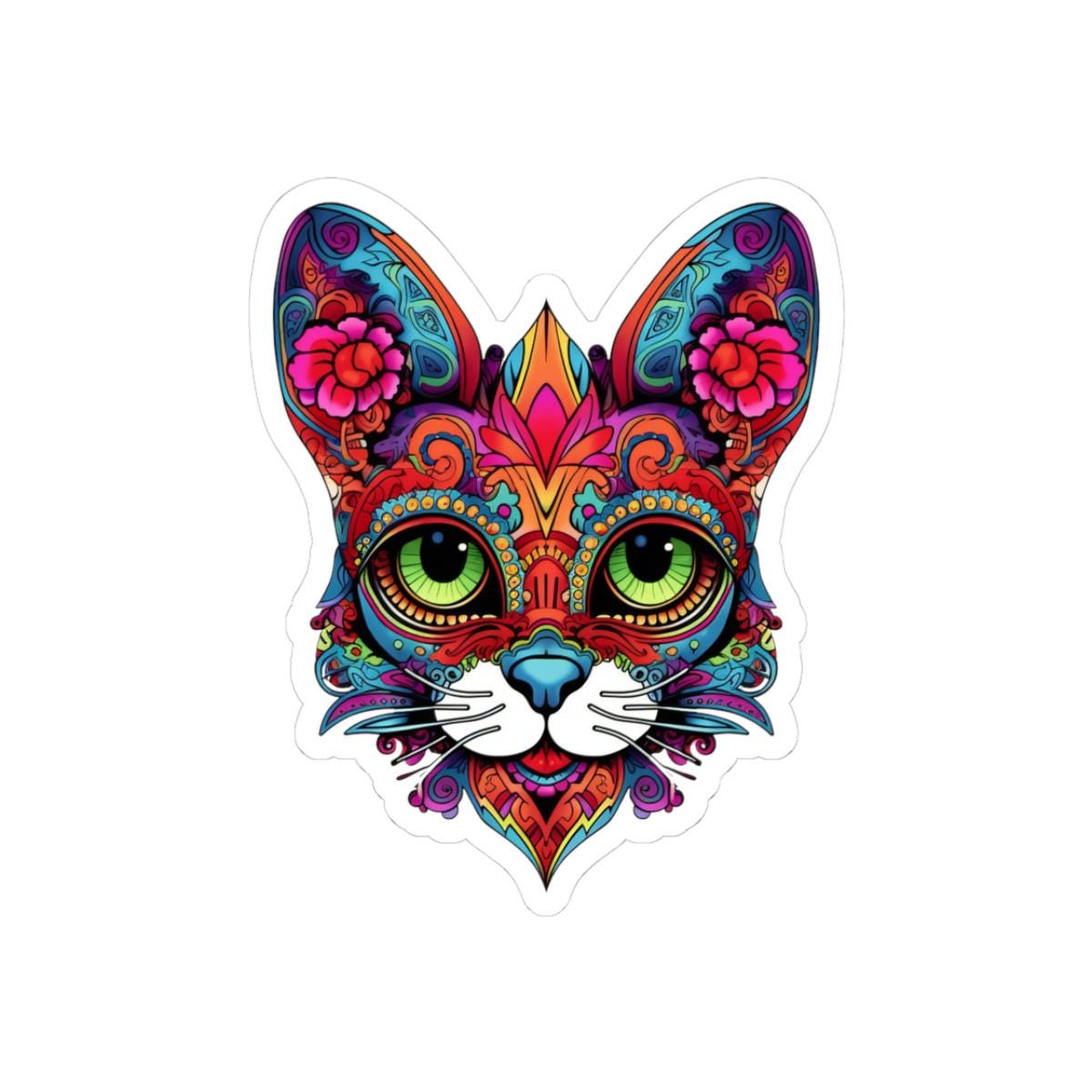 Psychedelic Floral Cat Sticker | Mandala Calavera Cat Decal, Green Eyes