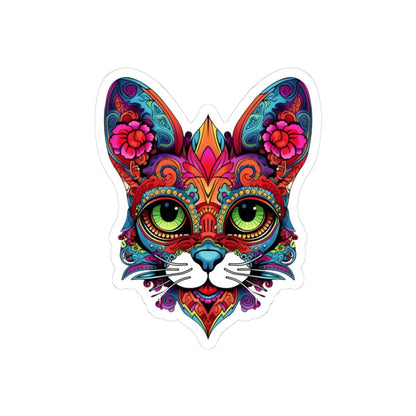 Psychedelic Floral Cat Sticker | Mandala Calavera Cat Decal, Green Eyes