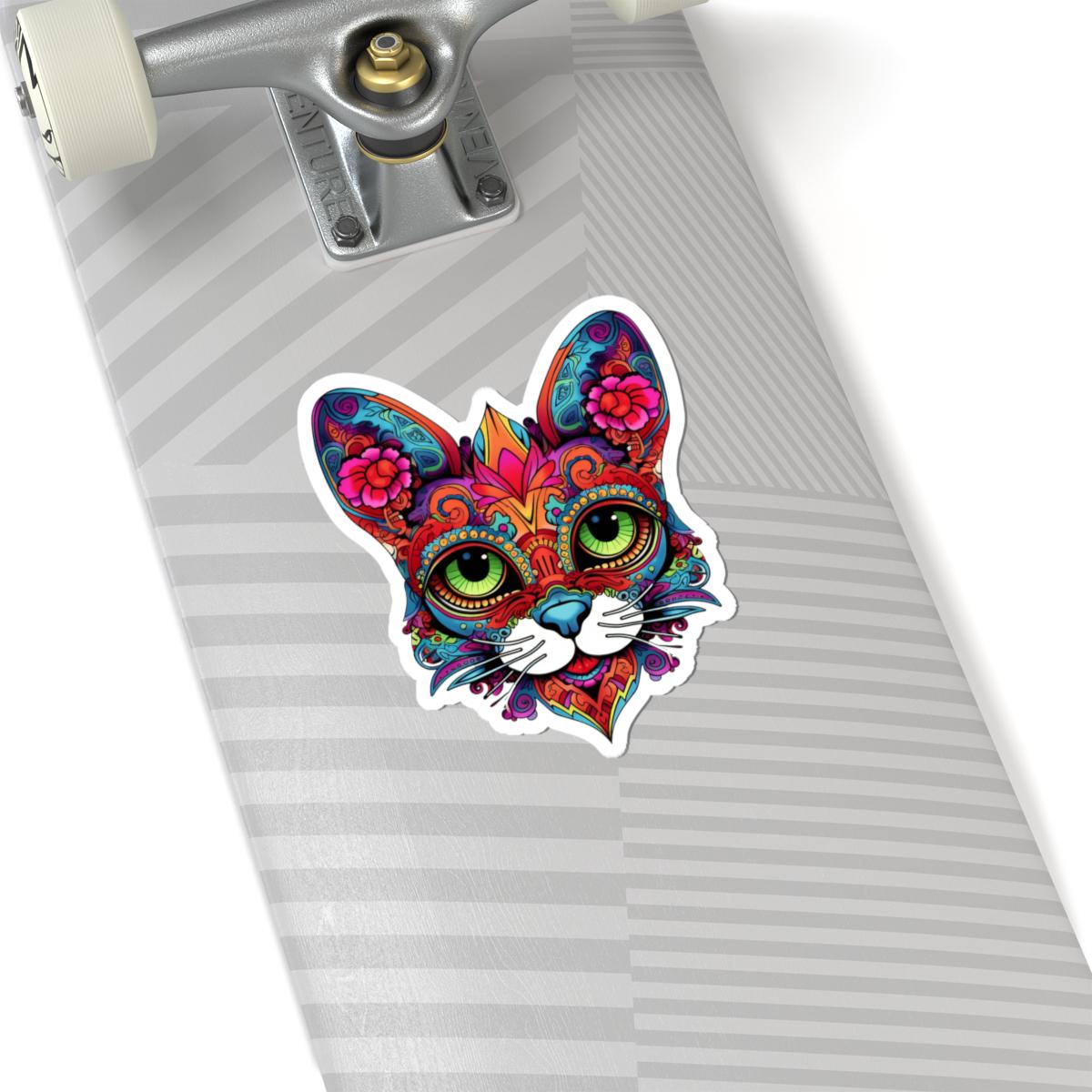 Psychedelic Floral Cat Sticker | Mandala Calavera Cat Decal, Green Eyes