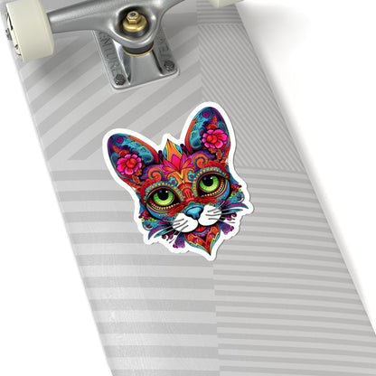 Psychedelic Floral Cat Sticker | Mandala Calavera Cat Decal, Green Eyes