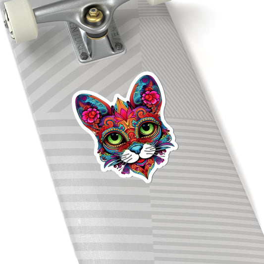 Psychedelic Floral Cat Sticker | Mandala Calavera Cat Decal, Green Eyes